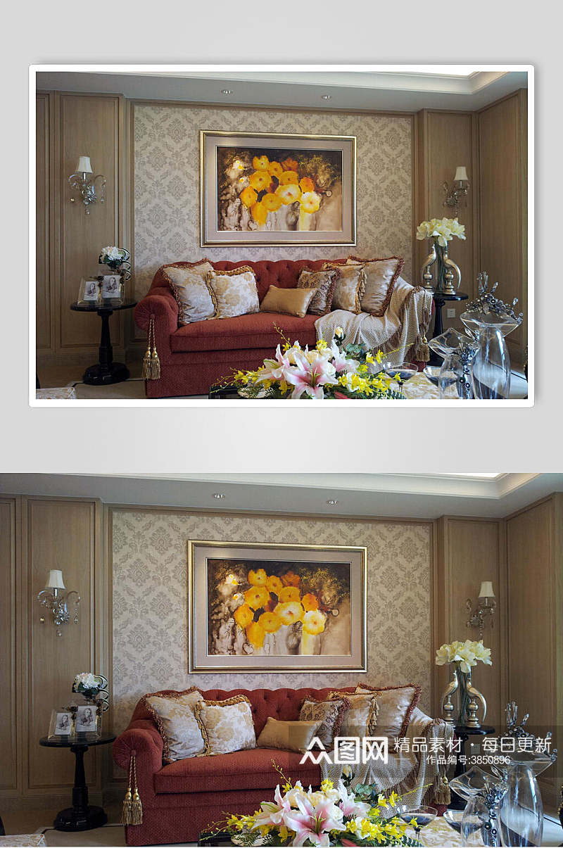 红色沙发欧式二居室图片素材