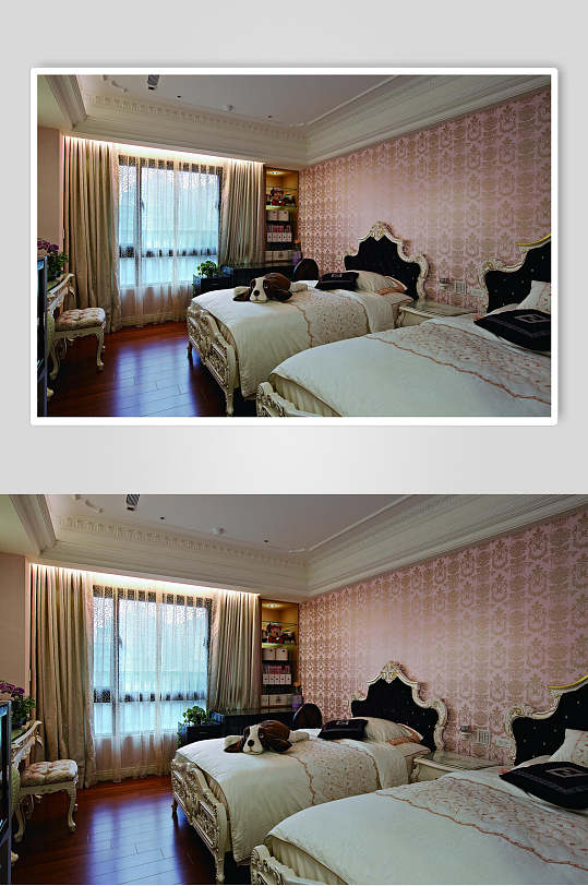 双人床卧室壁纸法式别墅样板间图片
