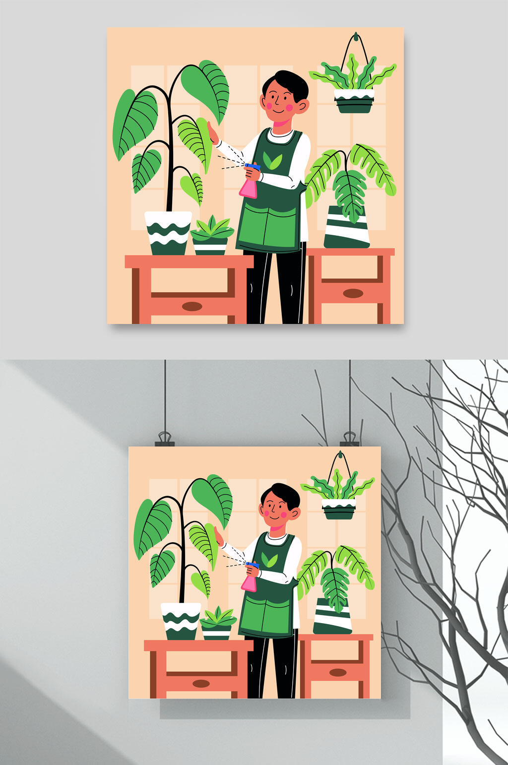 绿叶种植盆栽插画矢量素材素材