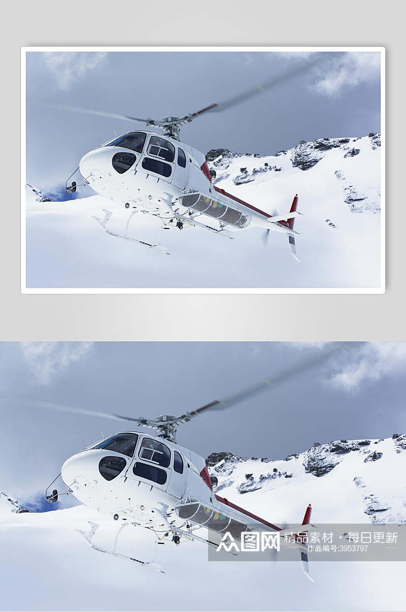 高级螺旋桨雪山背景轮子直升机图片素材