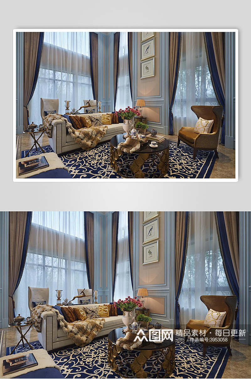 优雅地毯窗帘花法式别墅样板间图片素材