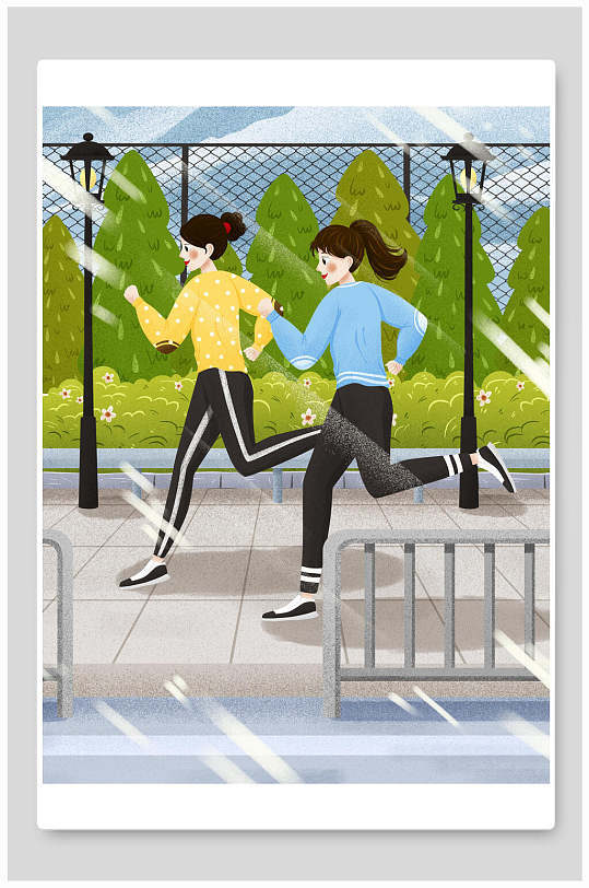 跑步早安女孩插画