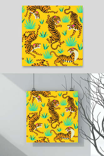 黄色植物老虎卡通可爱动物图案矢量素材