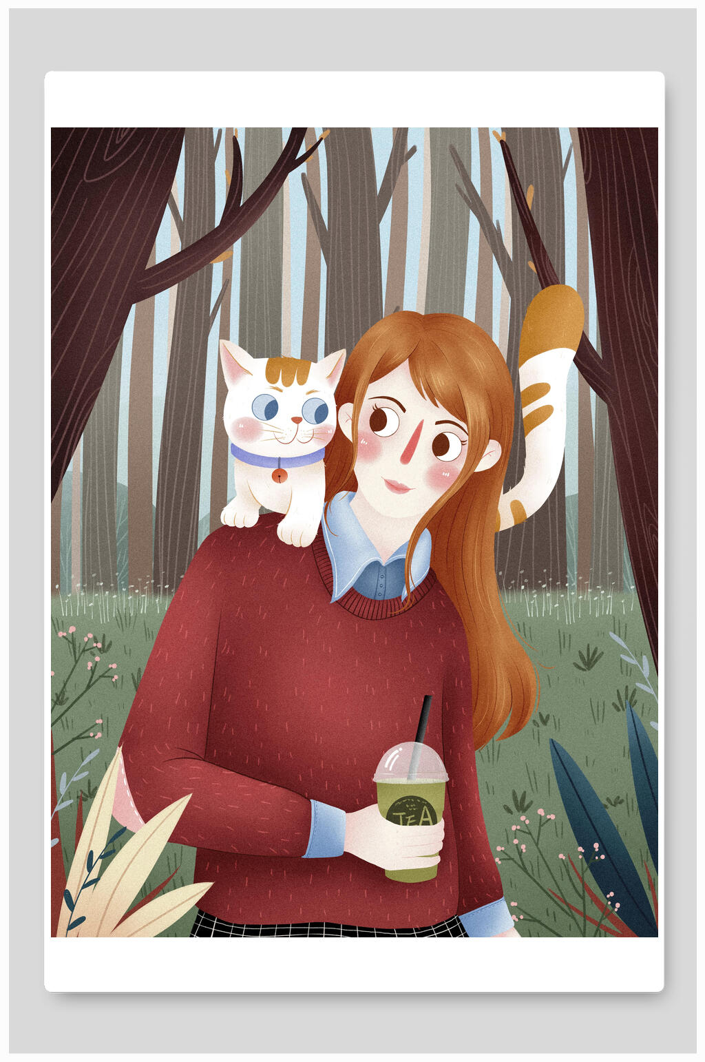 猫咪早安女孩插画素材