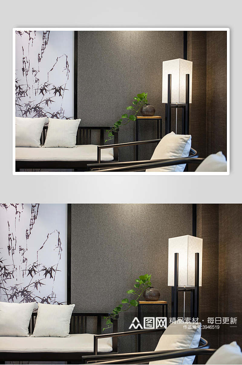 落地灯手绘竹叶新中式室内图片素材