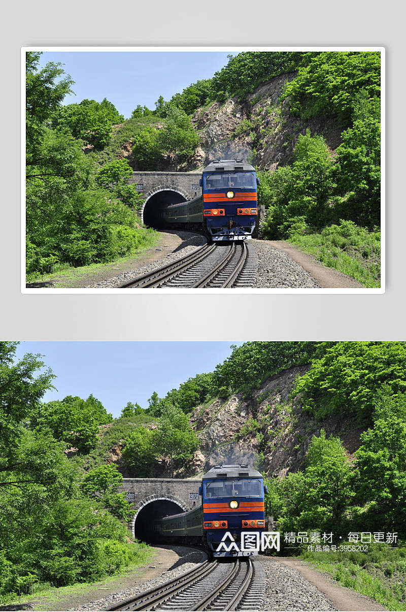 铁皮轨道拱桥山树木绿蒸汽火车图片素材