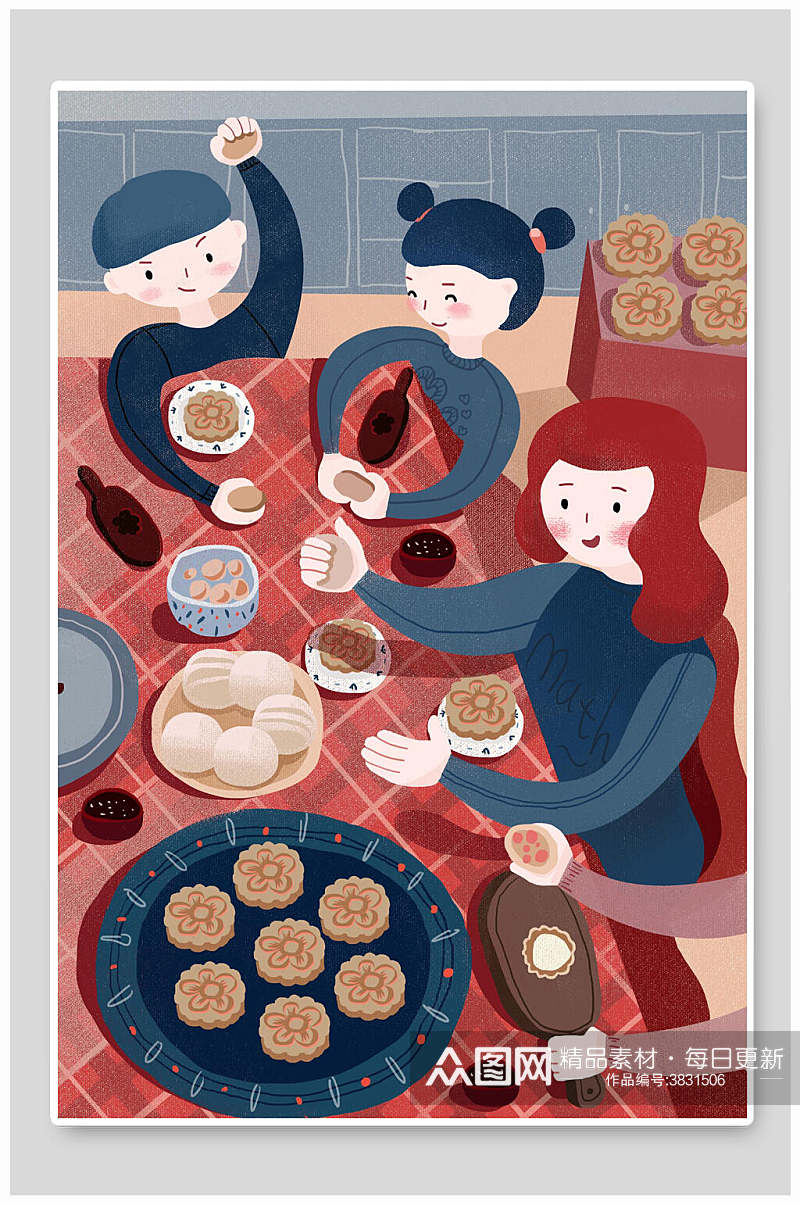 中秋节吃月饼插画素材