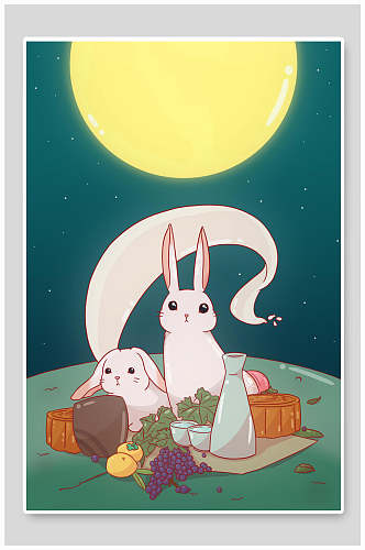典雅高贵兔子葡萄中秋节插画