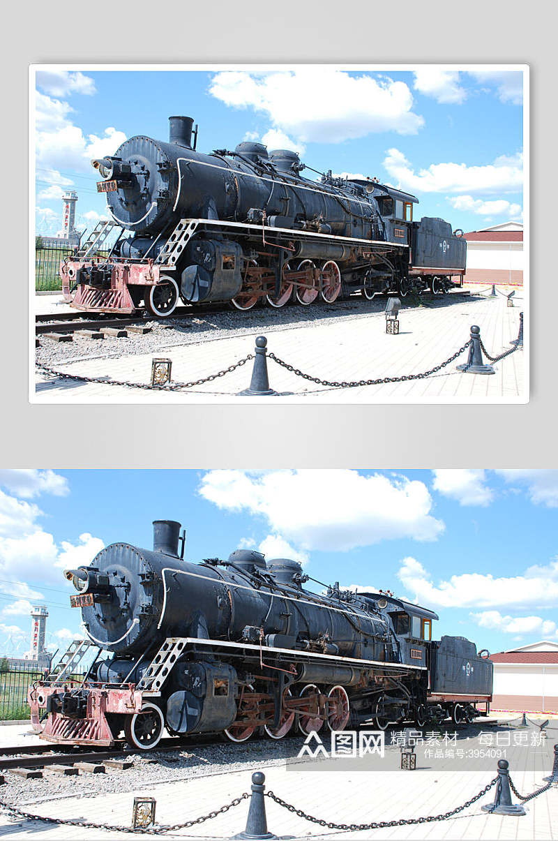 大气铁路轮子蓝天铁栏蒸汽火车图片素材