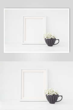 茶杯花朵叶子纯白墙壁相框样机
