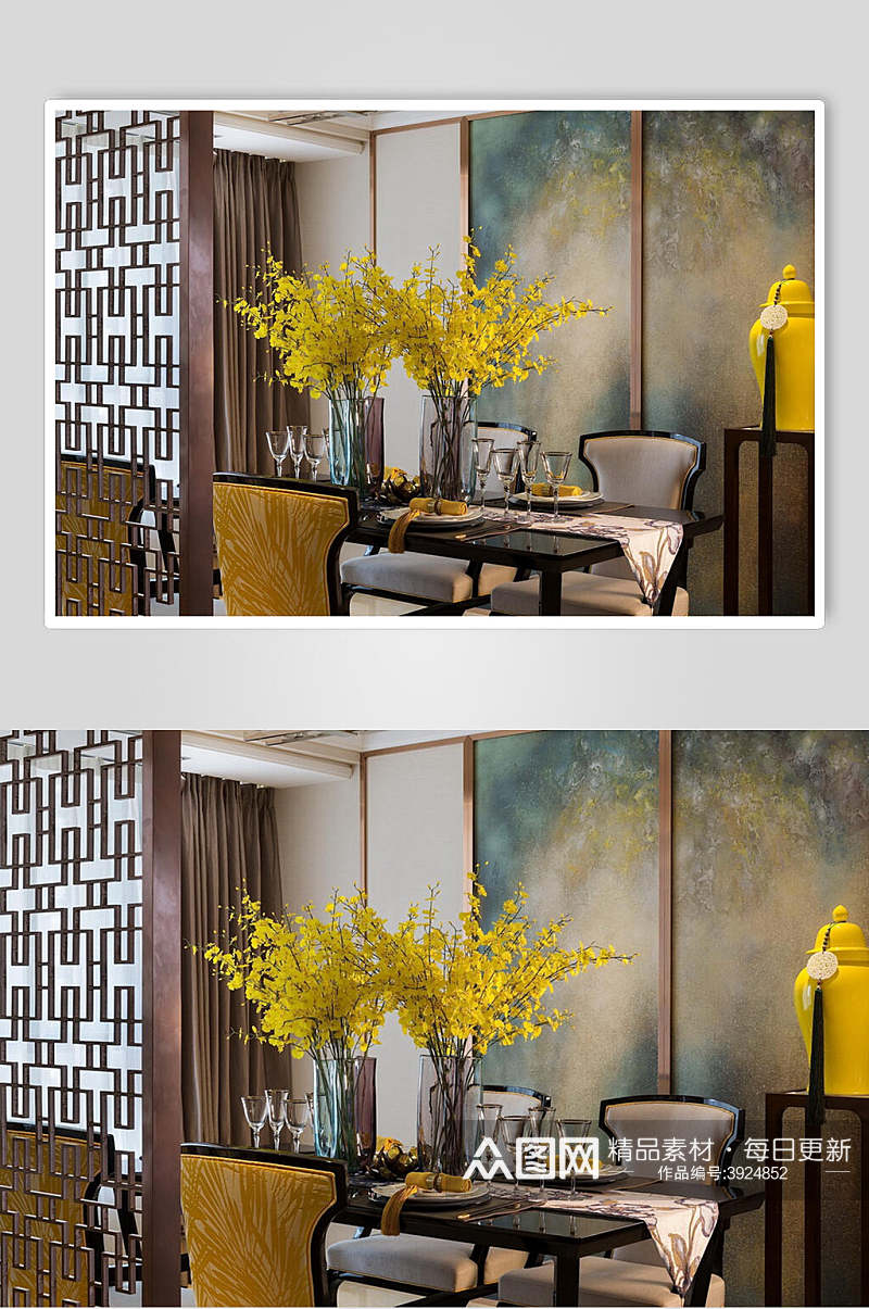 高级感创意优雅黄色新中式室内图片素材