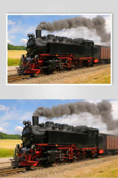 烟雾铁路草坪蓝天森林蒸汽火车图片
