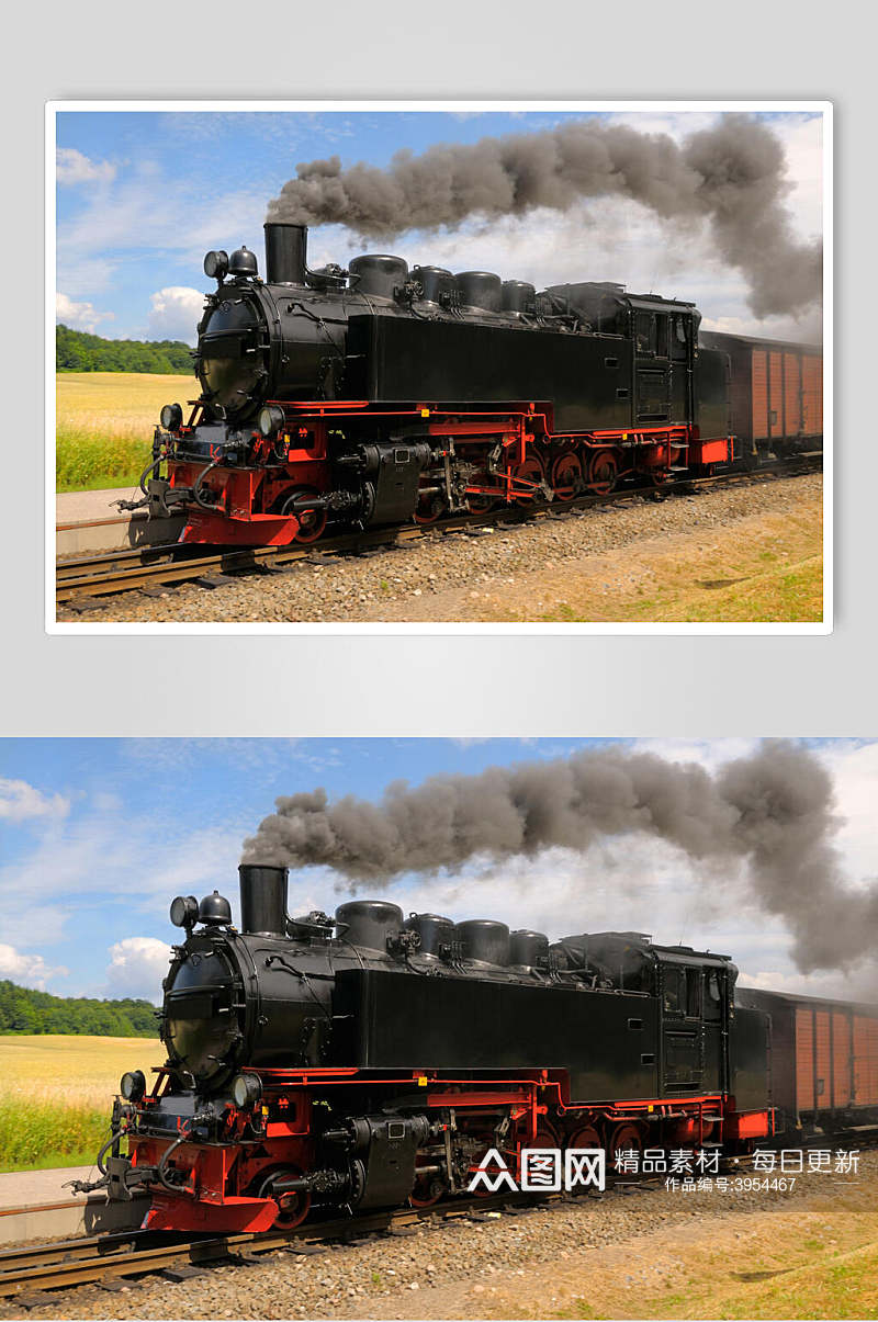 烟雾铁路草坪蓝天森林蒸汽火车图片素材