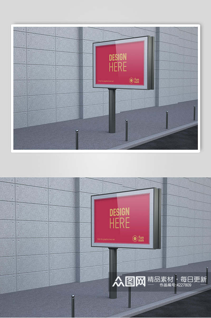 红色英文公交车站广告牌场景样机素材