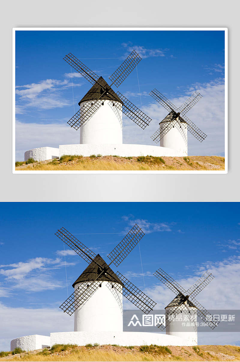 蓝天白云白色红顶土地欧式风车图片素材