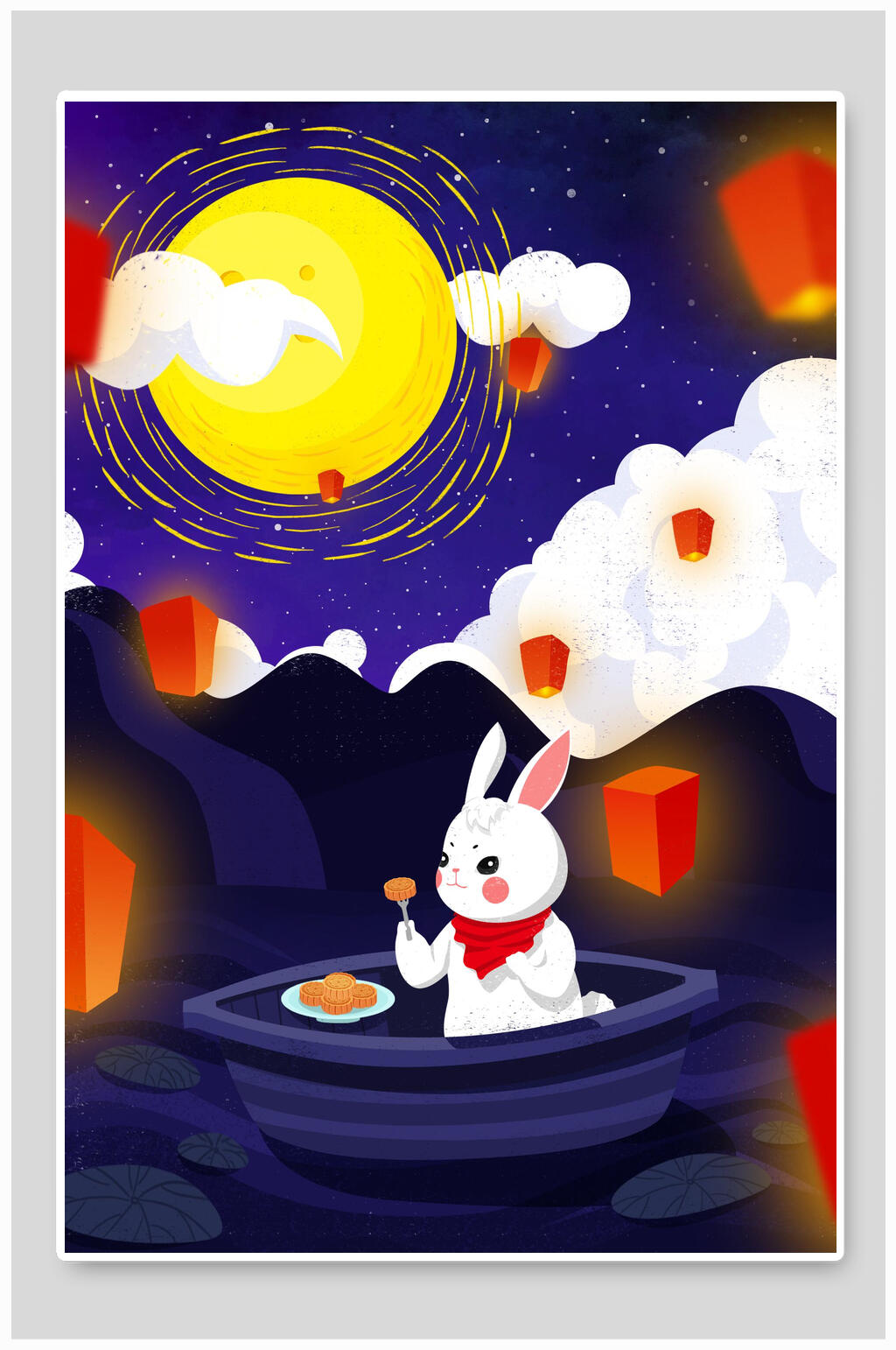 兔子孔明灯中秋节插画素材