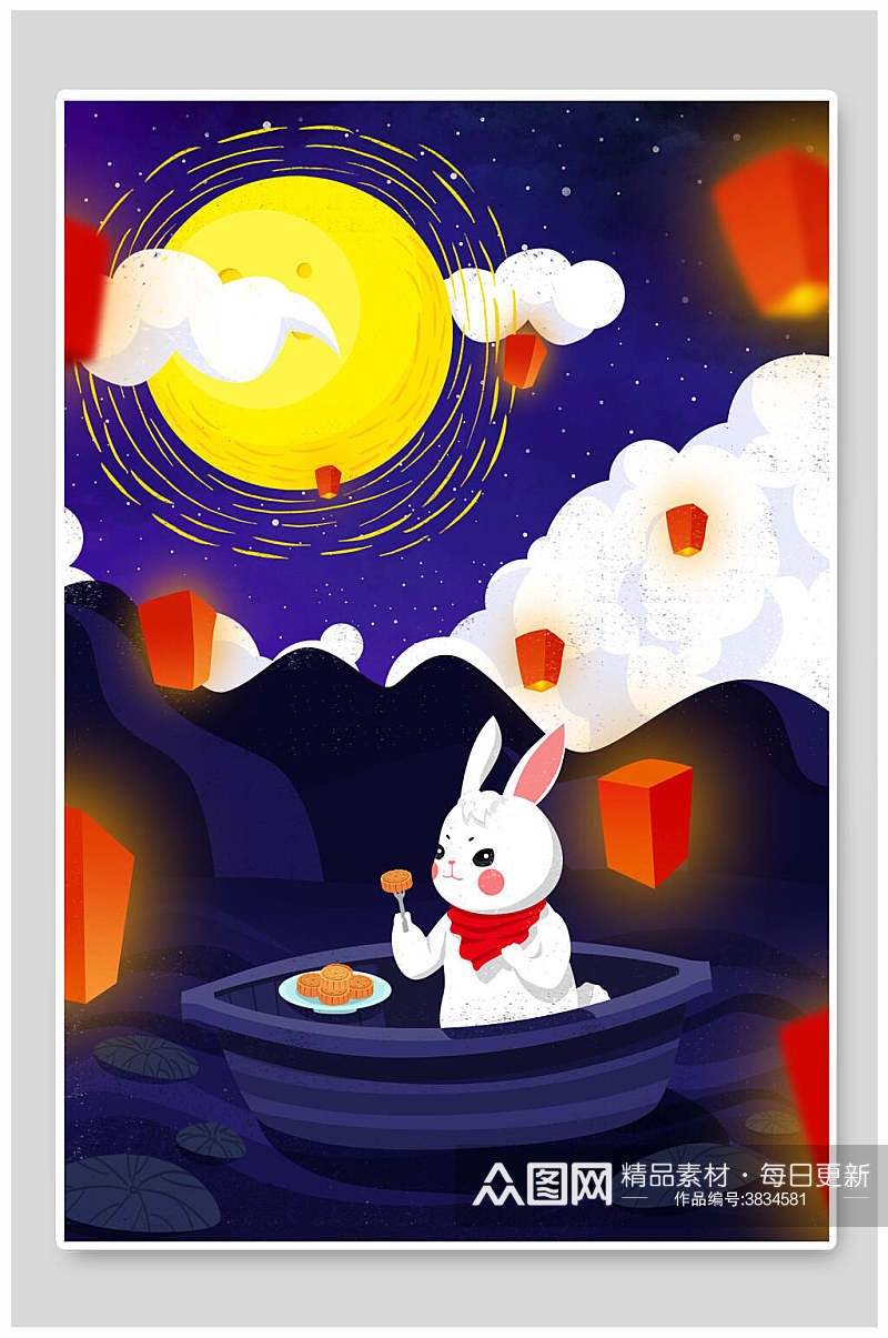 兔子孔明灯中秋节插画素材