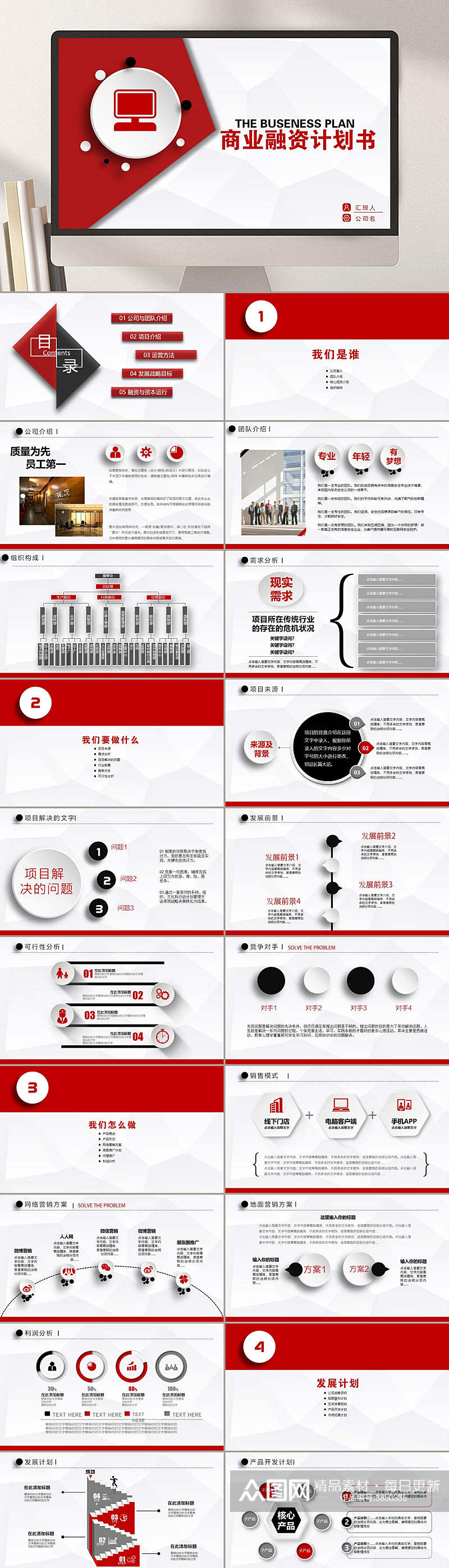 商业融资计划通用模板红微立体风汇报PPT素材