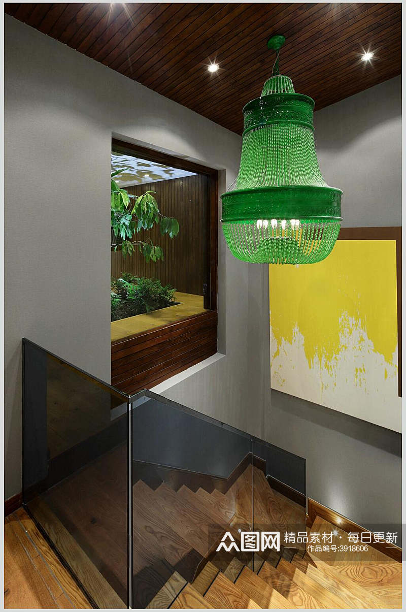 楼梯花纹植物简约绿新中式室内图片素材