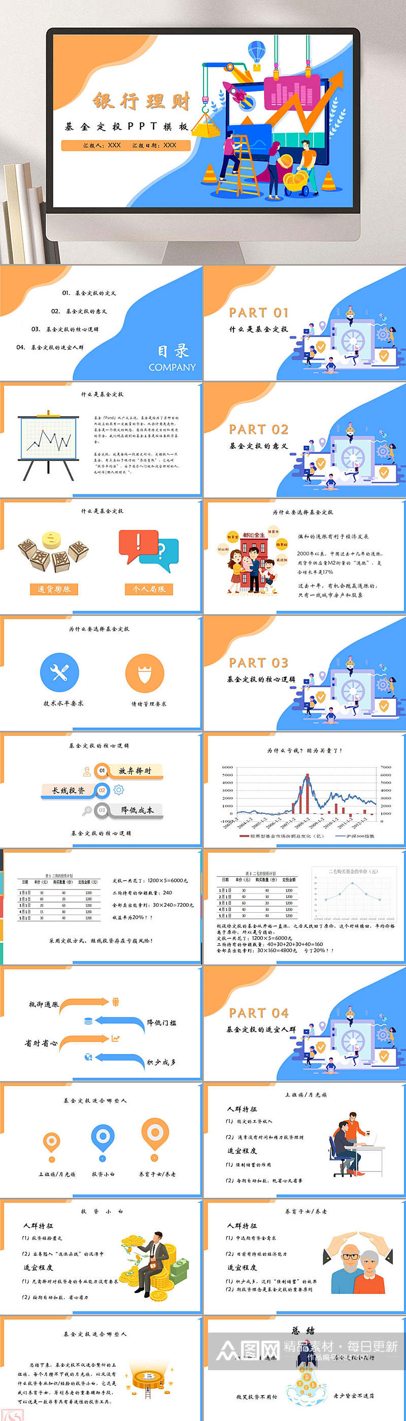 箭头黑板银行理财人物手绘蓝基金定投PPT素材