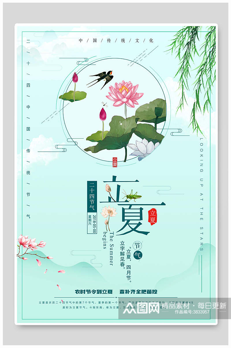 荷花盛开柳树摇摆清新立夏节气海报素材