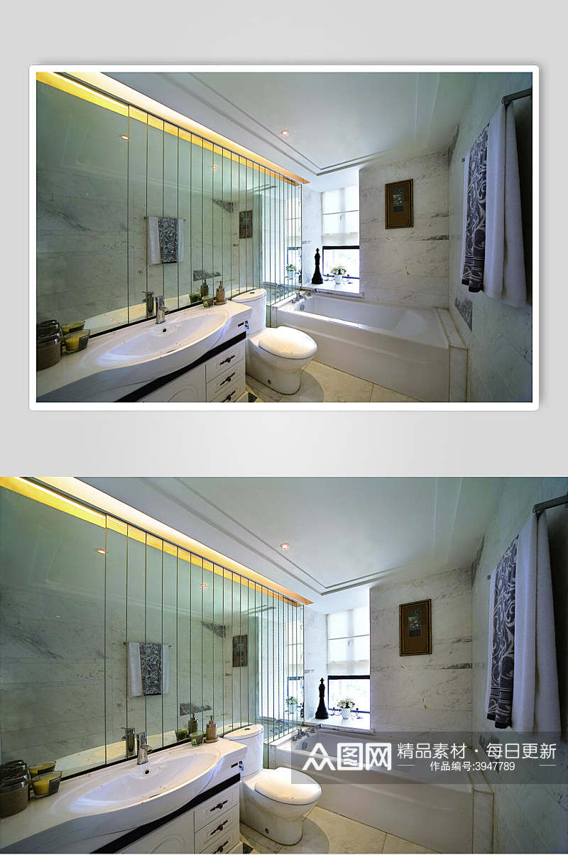 玻璃墙面洗手台浴缸法式别墅样板间图片素材