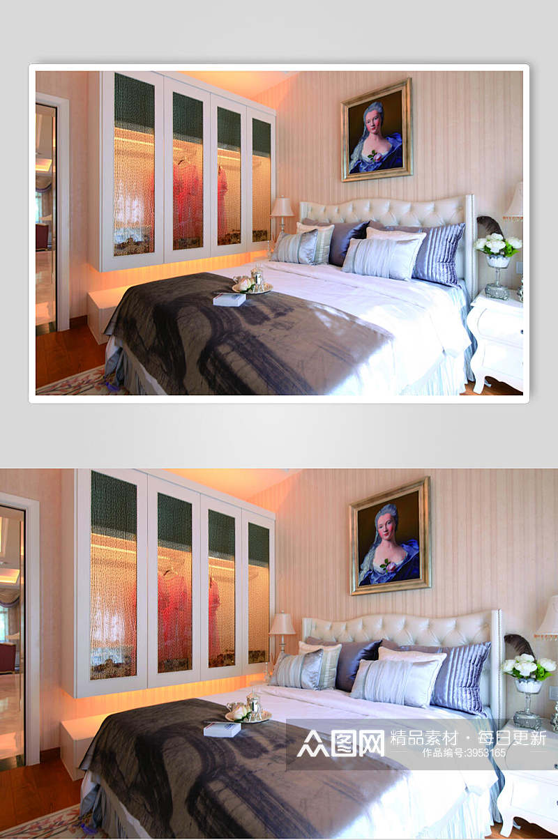 优雅壁画抱枕床法式别墅样板间图片素材