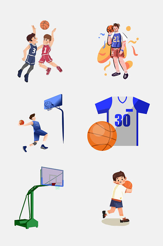 蓝色扣篮卡通体育运动人物免抠素材