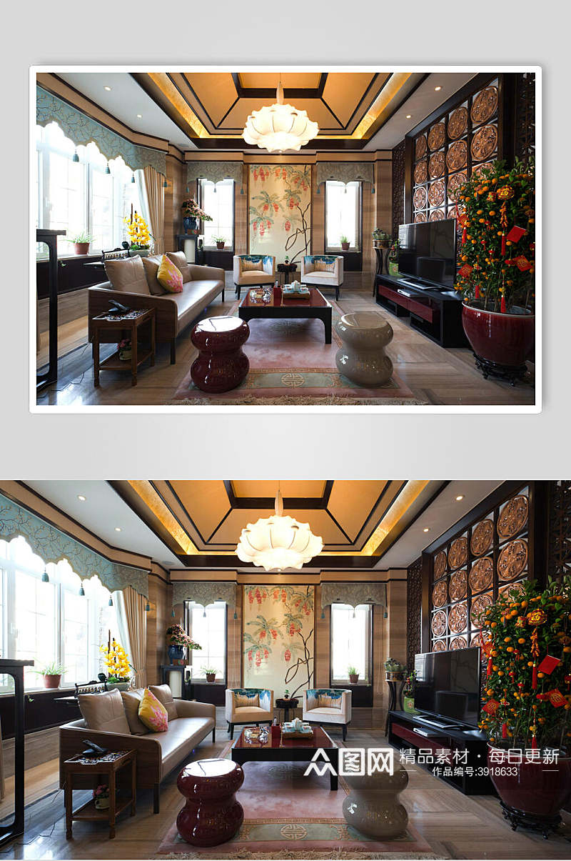 吊灯盆栽优雅清新黄新中式室内图片素材
