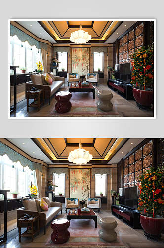 吊灯盆栽优雅清新黄新中式室内图片
