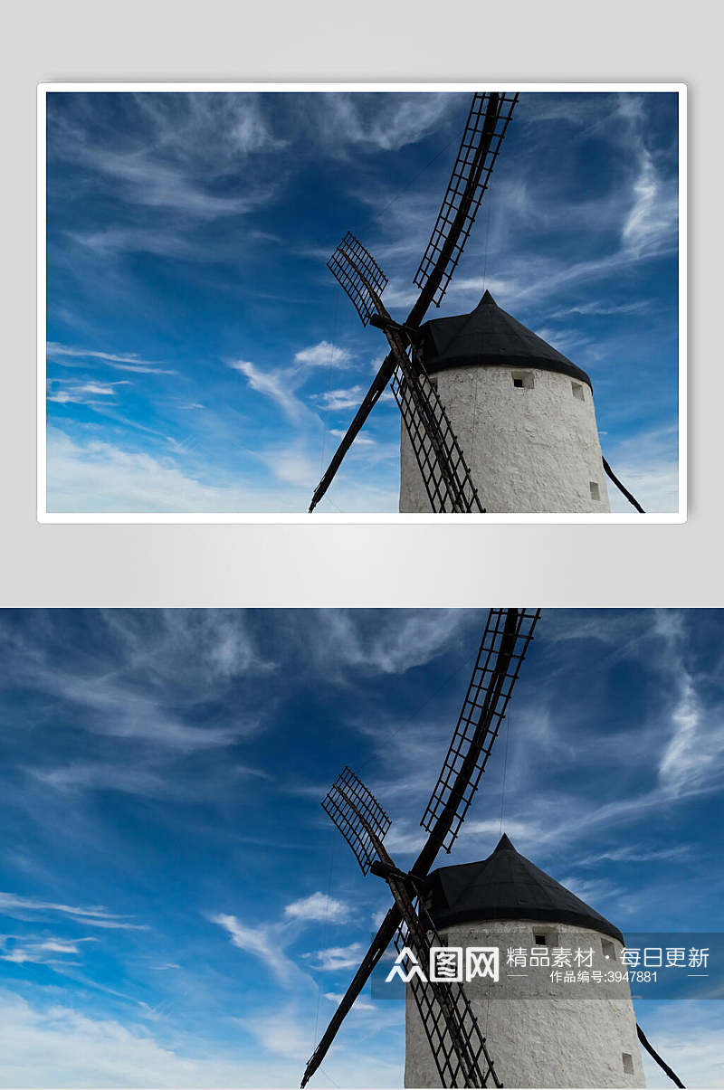 蓝色天空云欧式风车图片素材