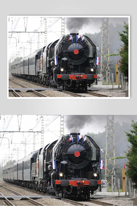红色旗子黑色蒸汽火车图片