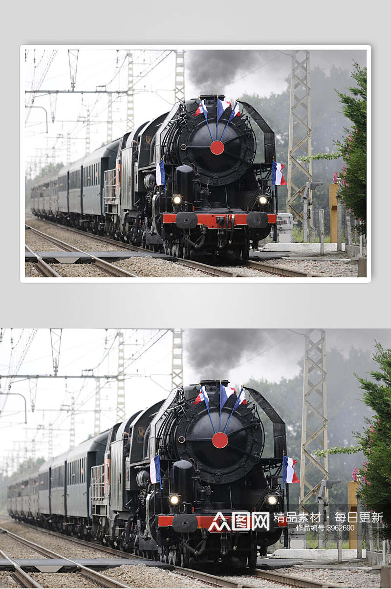 红色旗子黑色蒸汽火车图片素材