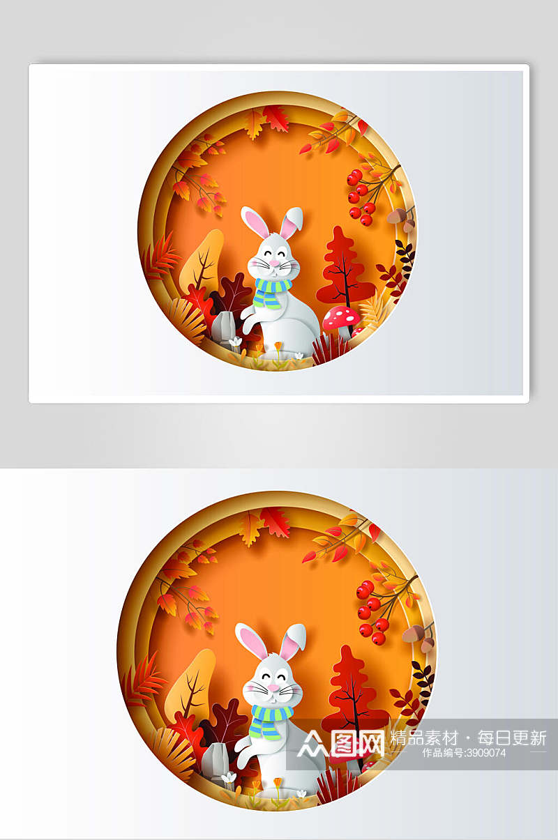 创意兔子秋季剪纸矢量素材素材