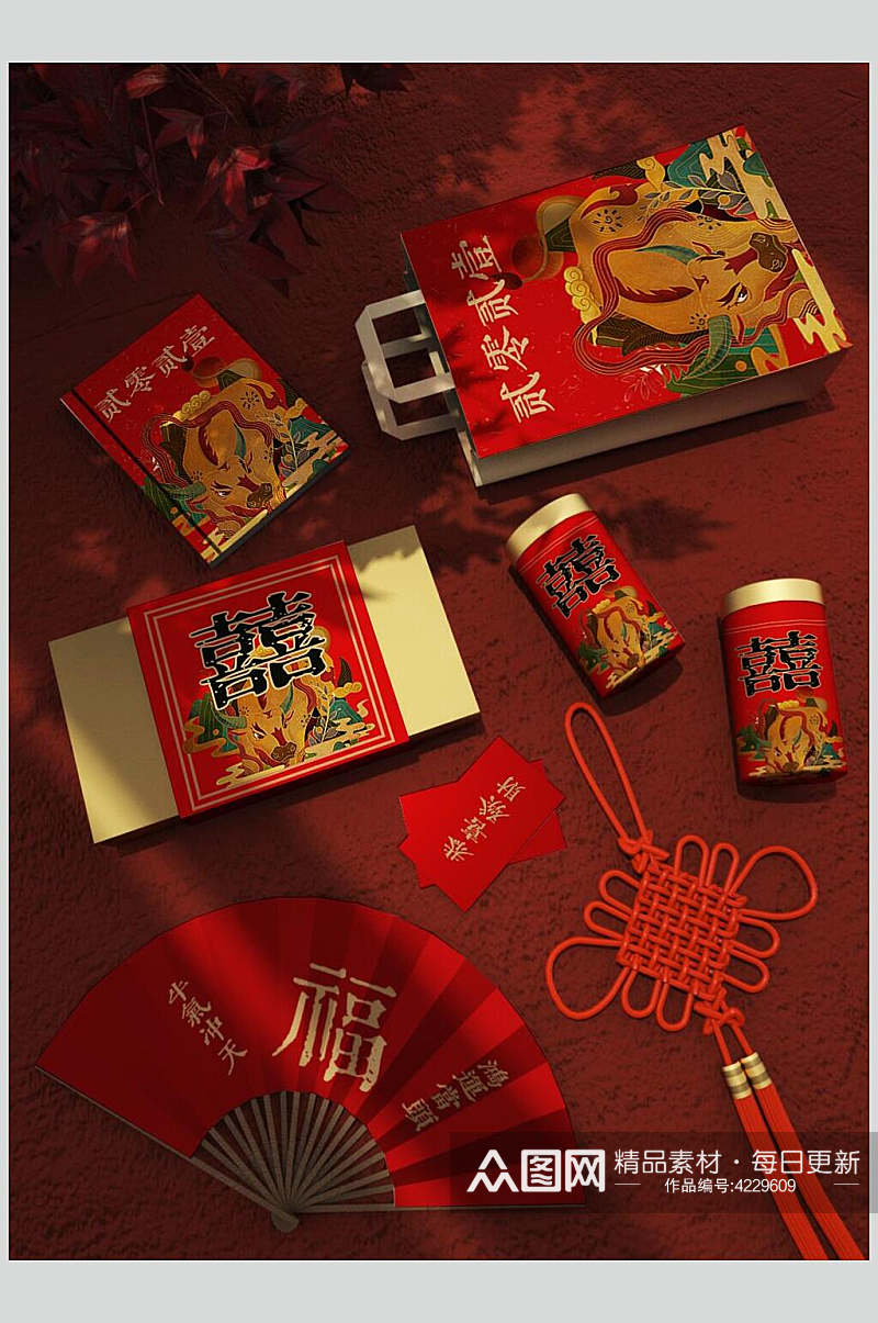 扇形中国结红牛年新年礼品样机素材