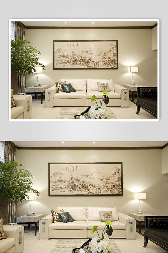 白色沙发挂画绿植新中式室内图片