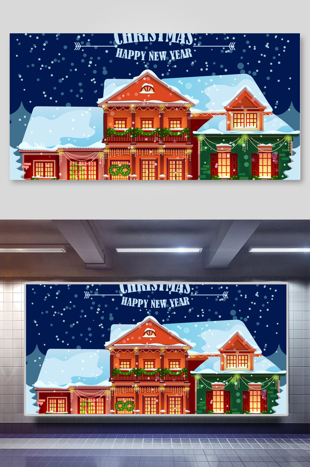 夜晚圣诞雪花房子矢量插画素材