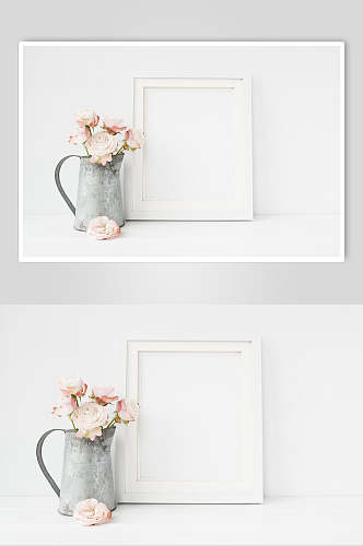 玫瑰花叶子水壶白墙壁相框样机