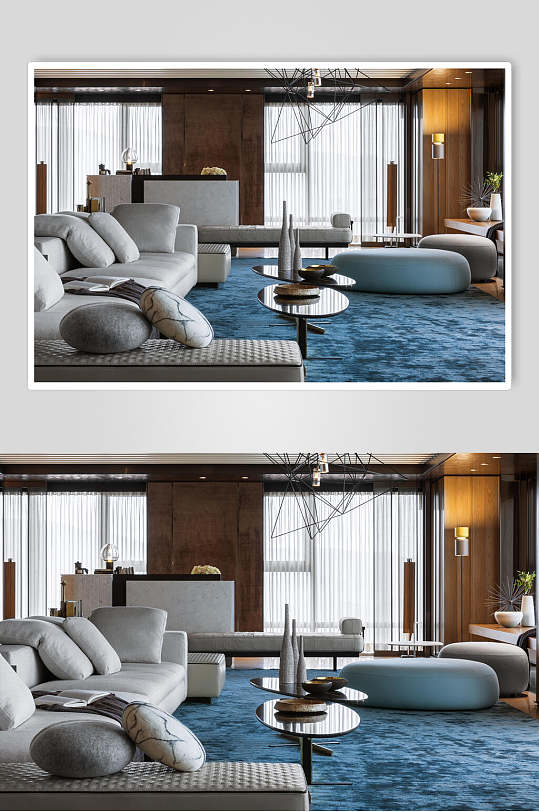 蓝色地毯白色布艺沙发港式家装家居图片