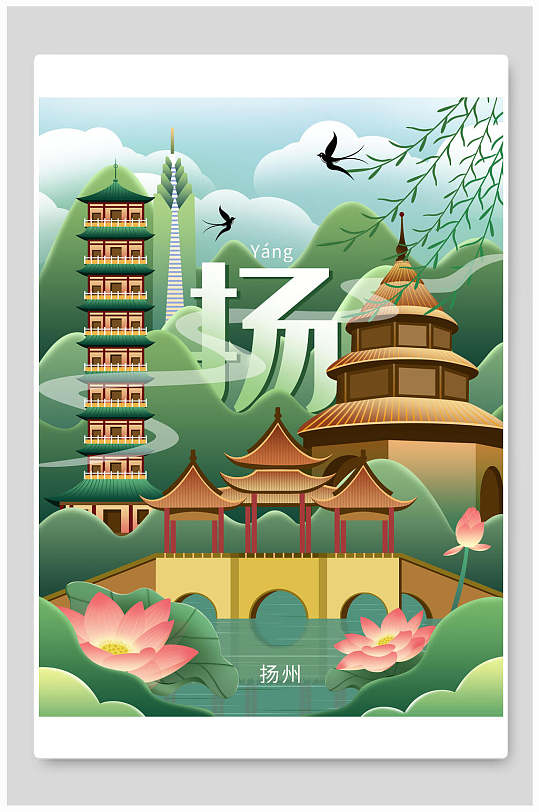扬州城市地标建筑插画