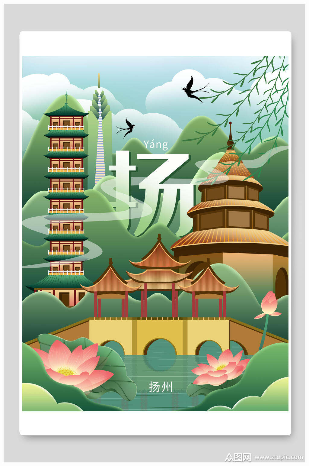 扬州城市地标建筑插画素材