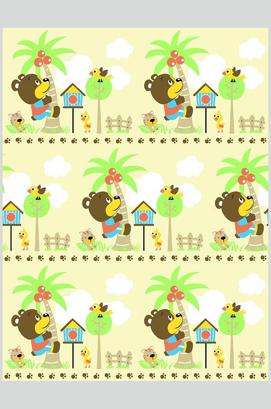 椰子树卡通可爱动物图案矢量素材