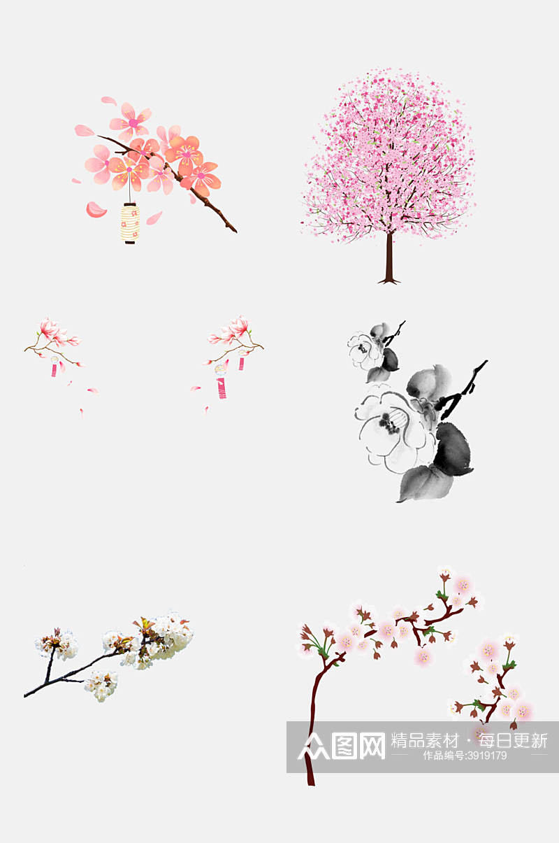可爱水墨卡通樱花花朵手绘免抠素材素材