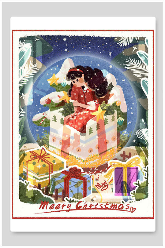 水晶球女孩礼物圣诞节快乐插画
