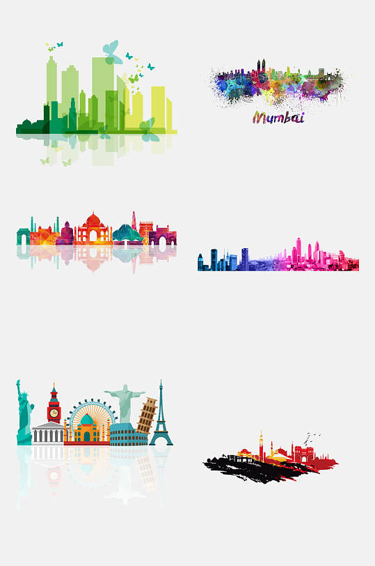 彩色唯美创意高端城市剪影免抠素材