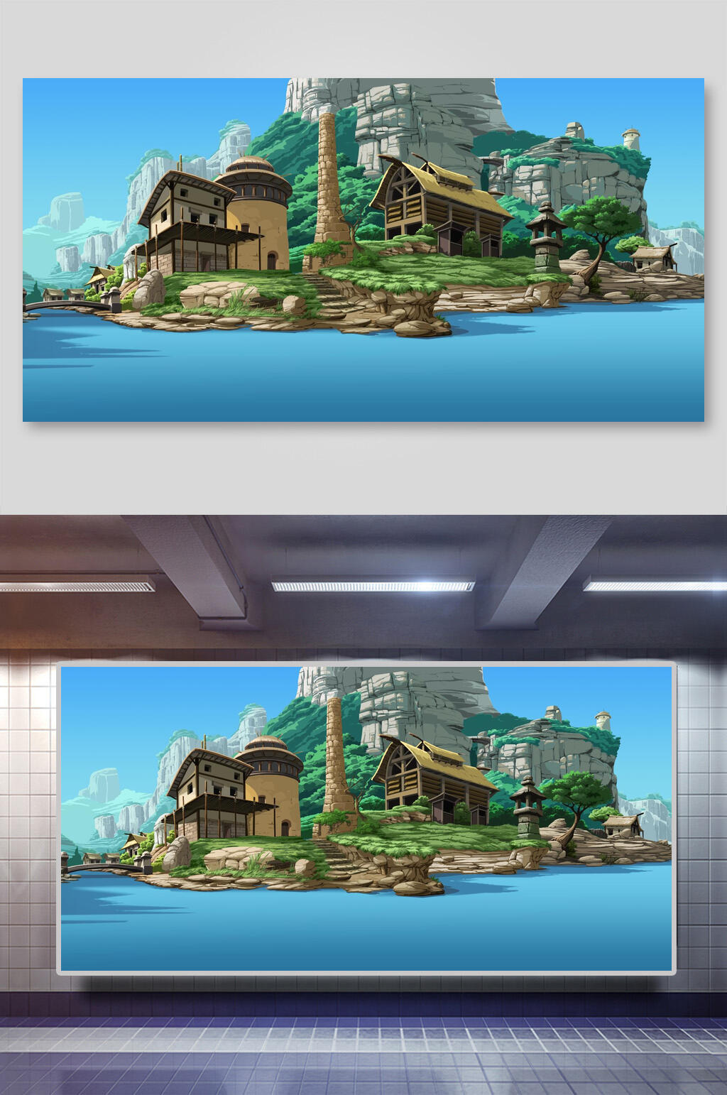 房屋建筑石头草地河水蓝绿色游戏场景背景素材