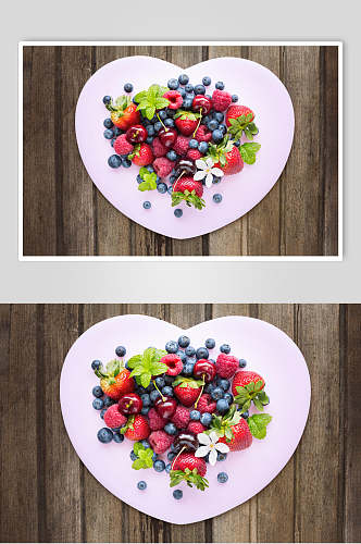 白圆盘叶子草莓樱桃蓝浆果水果图片