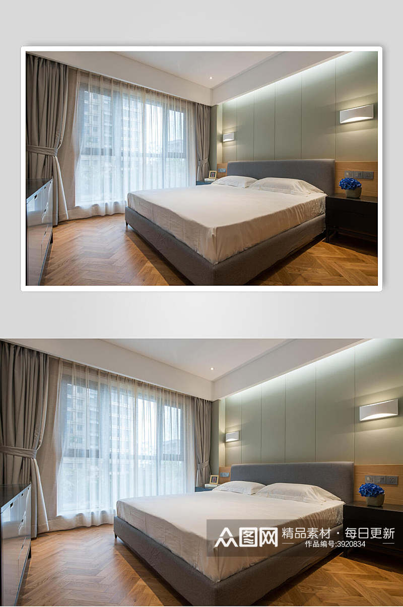 卧室白色床单壁灯新中式室内图片素材