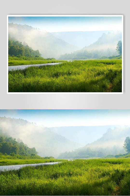 可爱清新草地河流山间薄雾森林图片