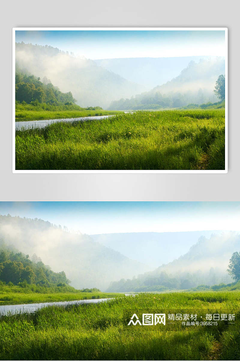 可爱清新草地河流山间薄雾森林图片素材
